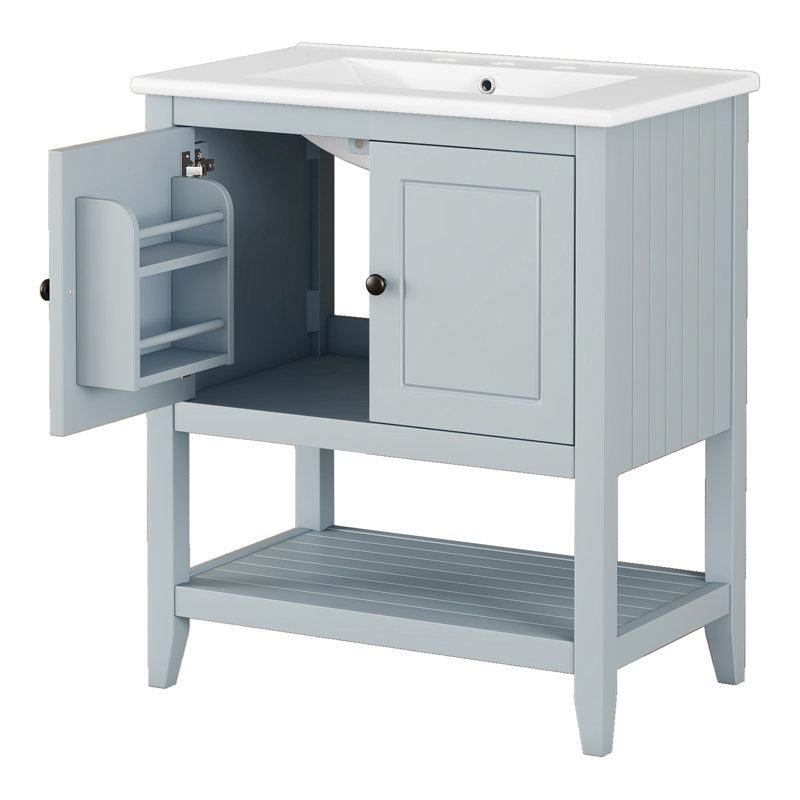Meuble-lavabo de salle de bain avec lavabo en céramique et tablette ouverte, Gris