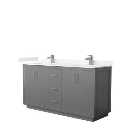Meuble-lavabo double de 66 po Icon en bleu foncé, comptoir en marbre de culture de Carrare, lavabos carrés encastrés, marbre de culture en nickel brossé