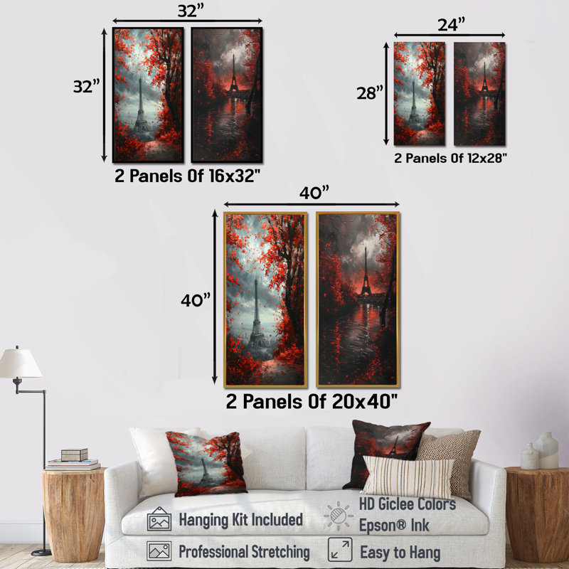 Tour Eiffel rouge et gris «Magic In Paris I - City Paris Wall Art», ensemble de 2 pièces, H 28 po x l 24 po