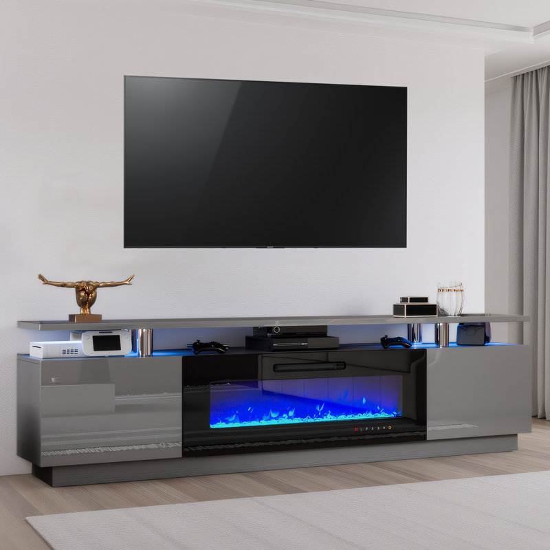Meuble télé Bhhatu à 2 niveaux de 80 po avec foyer électrique brillant, gris, Gris, 80"