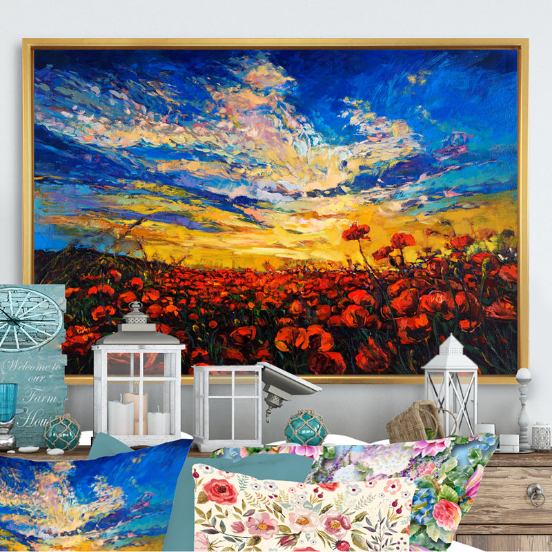 Red Poppy Fields Ii - reproduction d'art sur toile, H 24 po x l 36 po x P 1 po, Cadre flottant doré