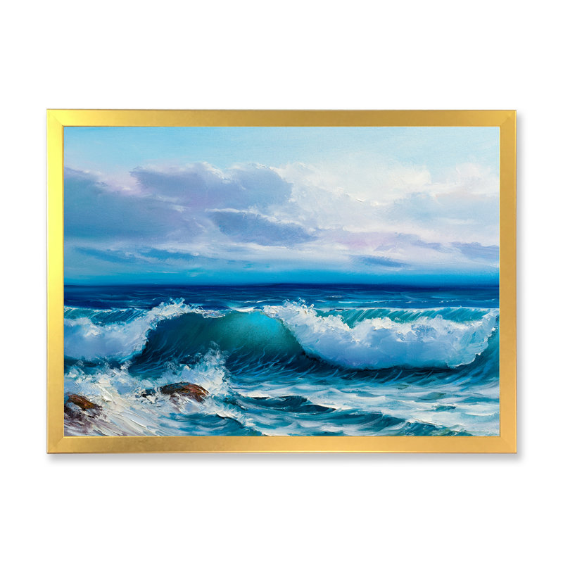 «Beautiful Blue Ocean Sunset And Waves III», reproduction sur toile flottante, H 12 po x l 20 po x P 1 po, Cadre doré