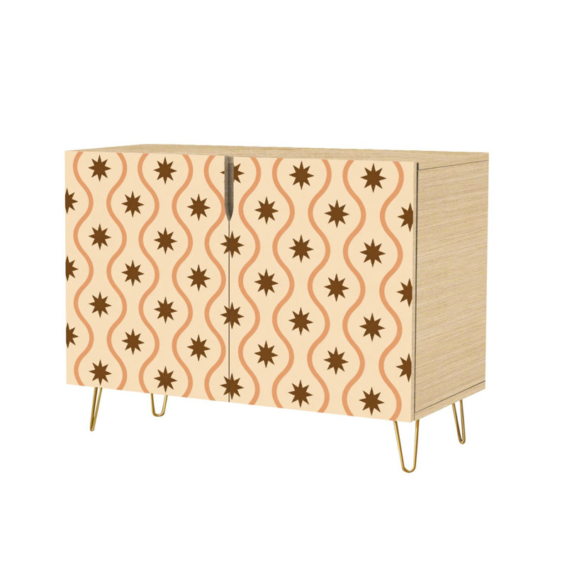 Buffet buffet avec rangement à lignes géométriques en forme d'étoile ondulée brun beige avec 2 portes pour le salon et la cuisine
