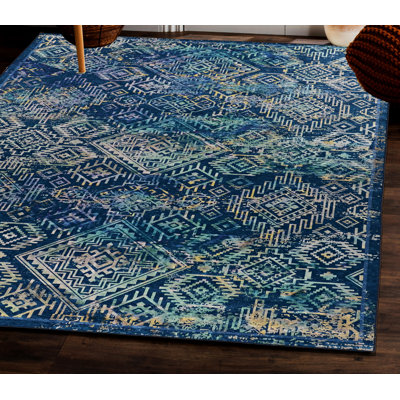 Emanuel Modern Abstract Machine Woven Flatweave Blue and Teal Area Rug with Non Skid Backing 