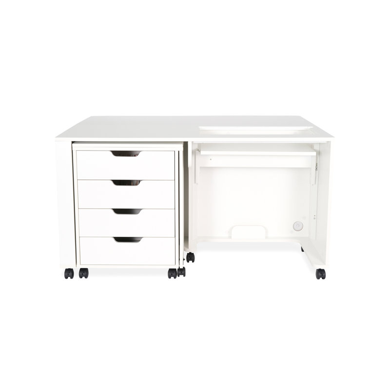 White Hydraulic Lift Sewing Cabinet with Storage and Ironing Station