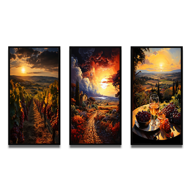 «French Vineyard In Bordeaux», 3 pièces sur toile, Cadre noir, H 32 po x l 48 po