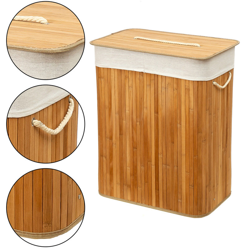 Rectangular Bamboo Laundry Basket-Natural With Div Bamboo Laundry Hamper with Handles, Natural, 54" H x 34" W x 24" D