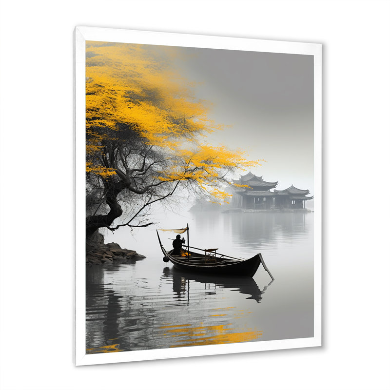 Art asiatique, bateau jaune, monochrome, H 40 po x l 30 po x P 1,5 po, Toile avec cadre blanc