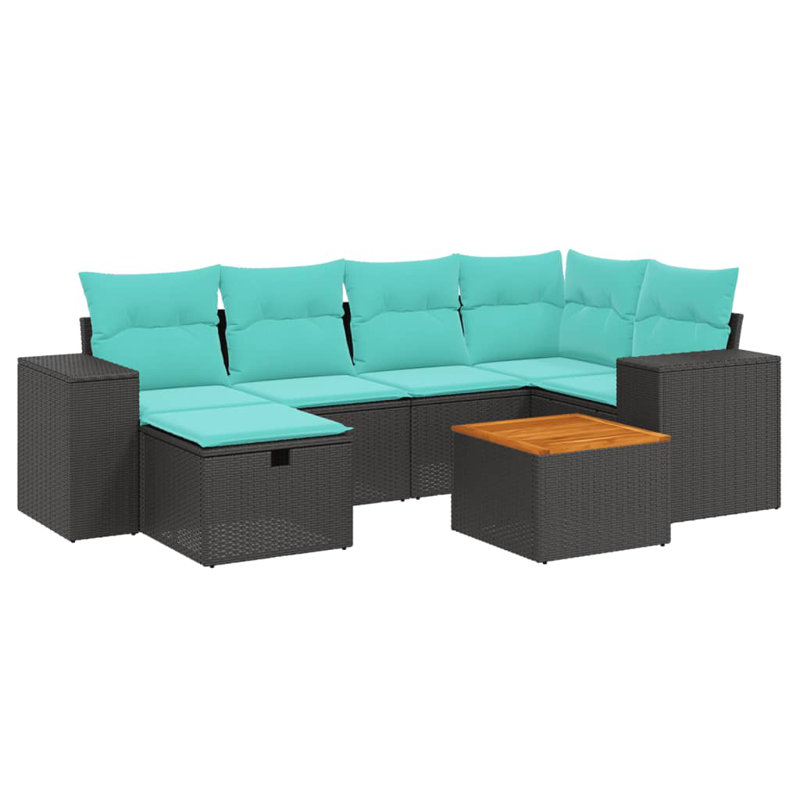 Ensemble de canapé de patio 7 pièces avec coussins en rotin de polyester, Bleu clair, Noir