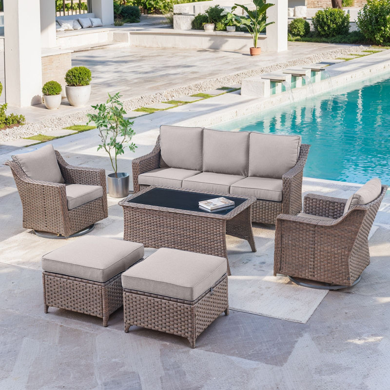 Jenesys 6-Piece Outdoor Wicker Furniture Set With Sofa, Swivel Chairs & Coffee Table, Gray