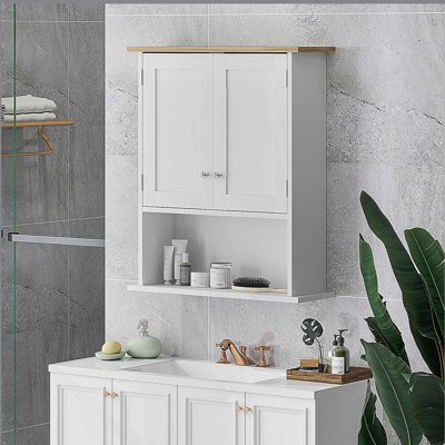 Armoire de salle de bain murale moderne avec 2 portes, tablette réglable, au-dessus de la toilette, blanc