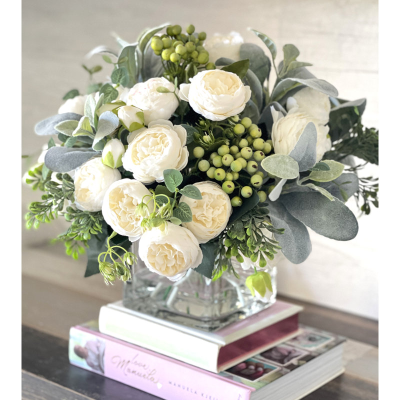 Large White Rose Peony, Berries With Greenery Arrangement Artificial Faux Centerpiece