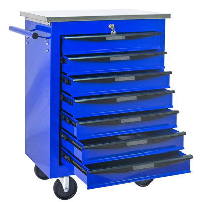 7 tiroirs, chariot à outils en métal, roues, toit en acier inoxydable, entrepôt d'atelier, 4 po, frein de stationnement, glissières de tiroir à roulement, dispositif de verrouillage multifonctionnel, atelier de garage roulant, système de clé