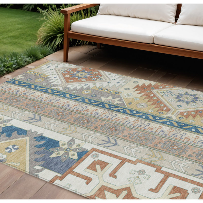 Tapis intérieur / extérieur aztèque lavable ivoire et bleu 9 pi x 12 pi HomeRoots