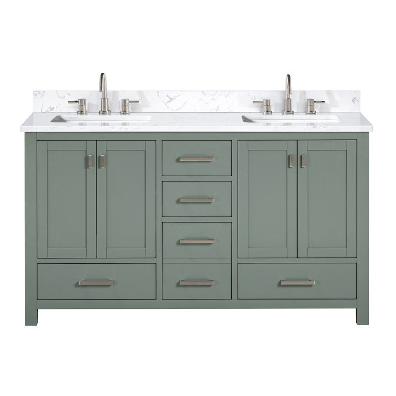 Modero 60" Double Bathroom Vanity with Top, Cala White, Brushed Nickel, Smoke Green