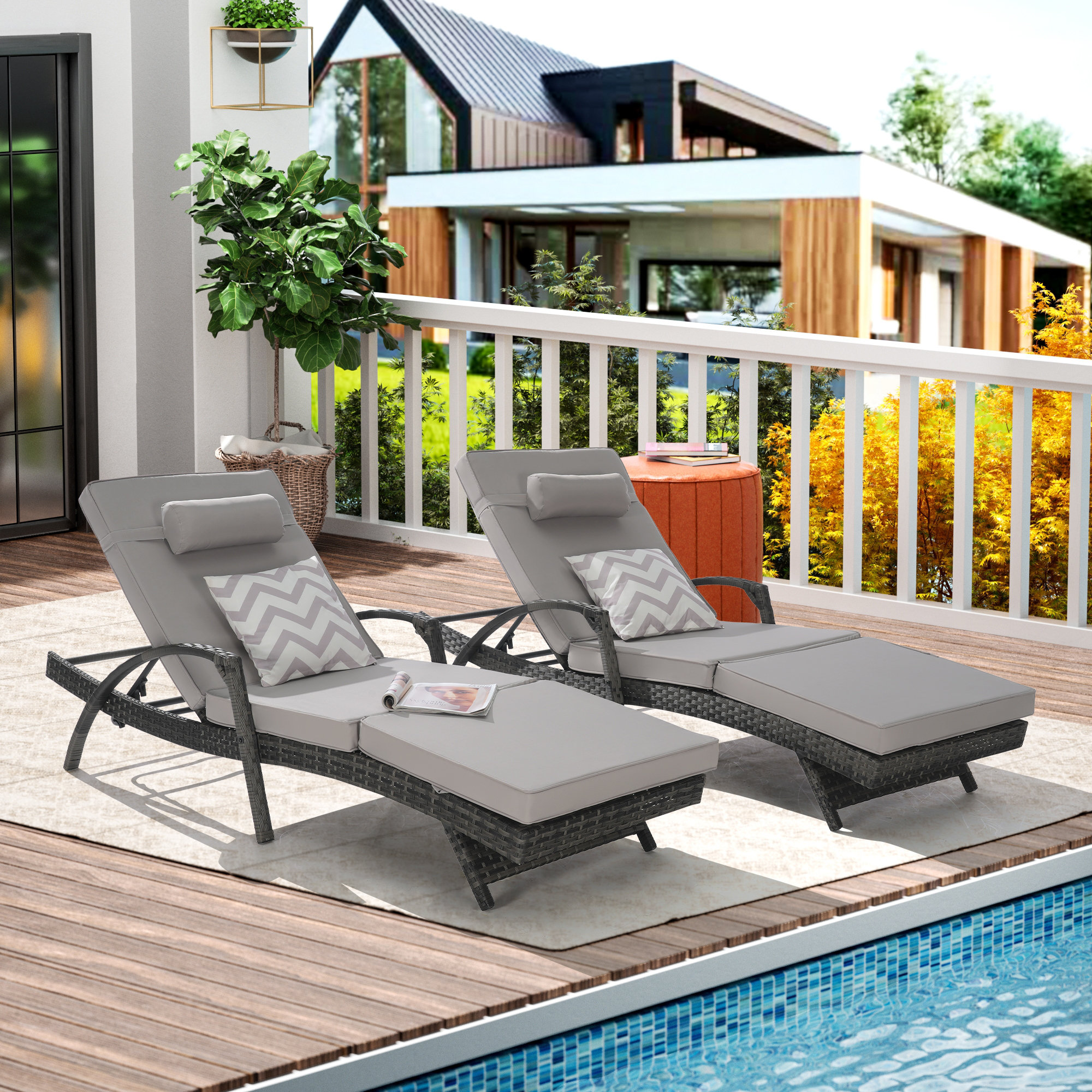Latitude Run® Outdoor Wicker Long Reclining Chair Set of 2 with ...