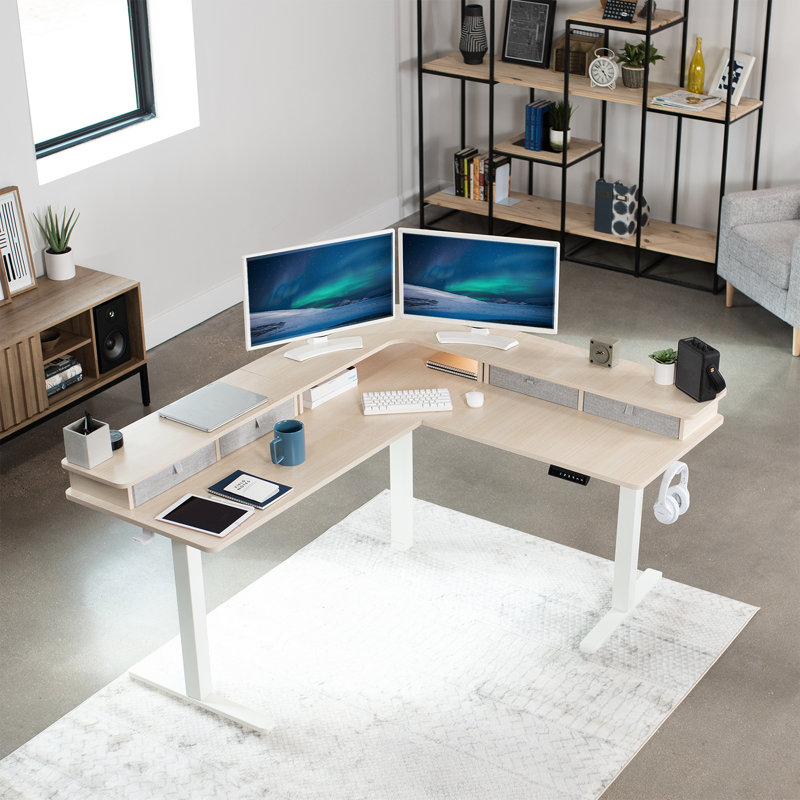 VIVO 2-Tier Electric 63" x 55" Corner Desk, DESK-E3CVB Series, Light Brown/White