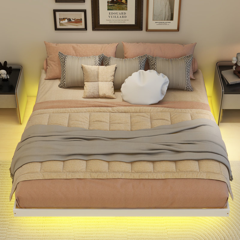 Lit flottant avec lumières DEL en dessous, lit plateforme moderne à profil bas avec lumières DEL, blanc, Très grand lit