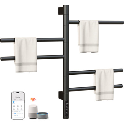 Porte-serviettes chauffant rotatif ENZE pour salle de bain, chauffe-serviettes électrique mural 5 barres 85W avec barres pivotantes, contrôle d'application Wi-Fi, minuterie 24H, acier inoxydable, IPX5, câblé / à brancher, blanc