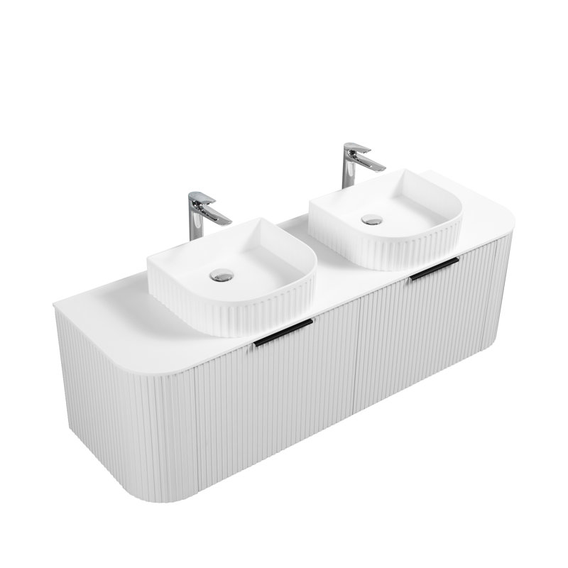 Cereniti po L x 19 po P 3 tiroirs Meuble-lavabo mural avec évier double et Comptoir en Granit blanc