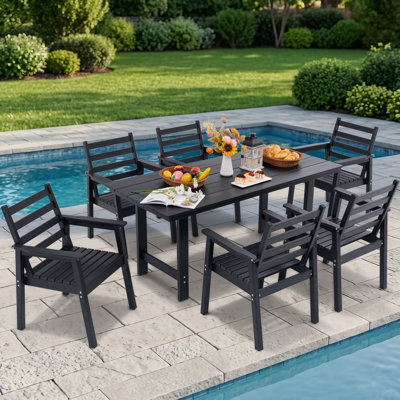 Ensemble de salle à manger 7 pièces pour l'extérieur, mobilier de patio en PEHD résistant aux intempéries, table à lattes de 66,5 po avec trou de parasol 1,6 po et 6 fauteuils ergonomiques, capacité robuste de 350 lb, résistant aux rayons UV, bleu