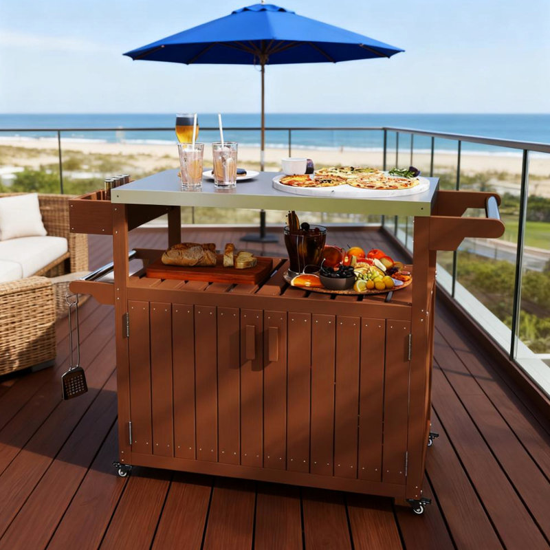Outdoor Kitchen Cart With Storage Cabinet, Stainless Steel Surface, Four 360 Swivel Prep Table And Wheels, Heavy - Duty Top, Structure