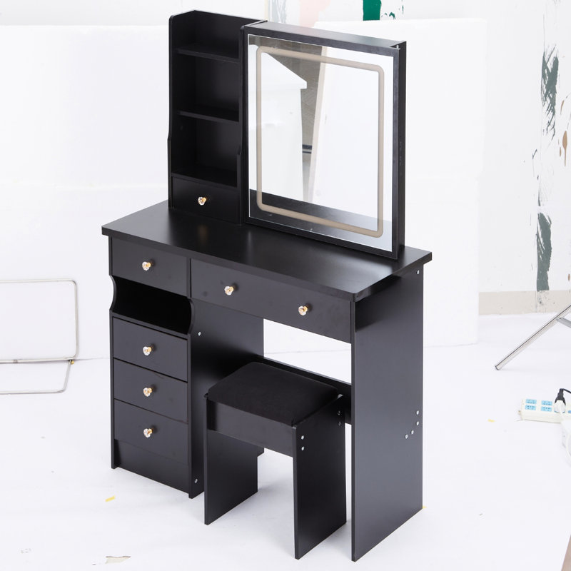 37 - Inch Middle Sized Vanity Table With Left Drawer, Cushioned Stool, Touch Operated Tri Color Brightness Adjustable Mirror And Ample Storage For Big Spaces Drawer Desktop Large Sliding Controlled