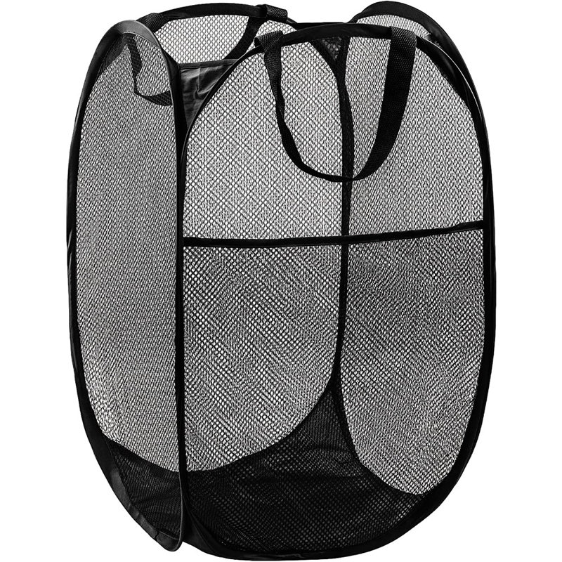Panier à linge Pop-Up Mesh avec poche latérale, panier à linge pliable avec poignées renforcées, bac à linge portatif pour chambre à coucher, dortoir, salle de bain et voyage, noir