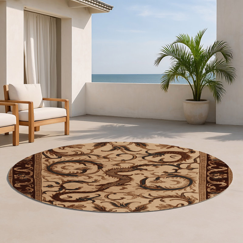 Tapis beige français d'intérieur et d'extérieur, Rond 5 pi