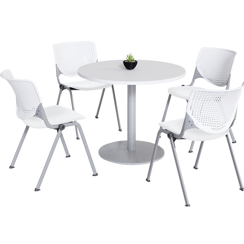 Mode Round Breakroom Table Set With 4 Kool Stacking Chairs, 29" H x 42" L x 42" W, White/White