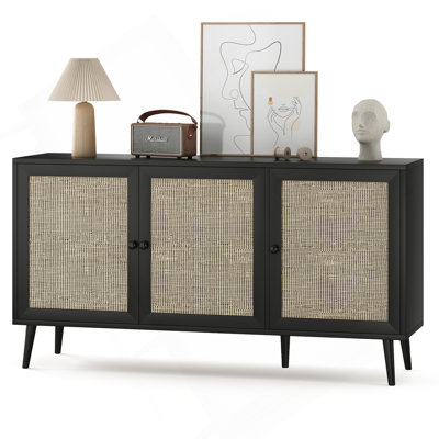 Sideboard Buffet Cabinet With 3 Rattan Doors,Modern Kitchen Storage Console Cabinet For Entryway Living Room (Large,Black)