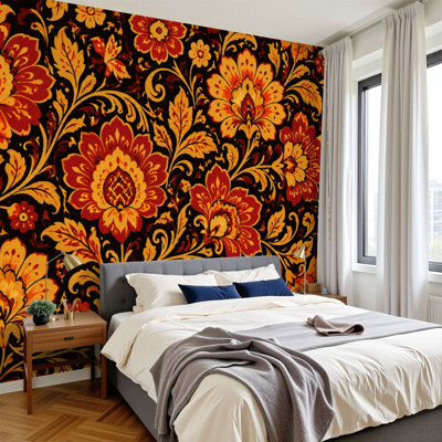 Murale auto-adhésive moderne pour la chambre à coucher avec imprimé de style russe traditionnel L 100 po x l 144 po Peel and Stick