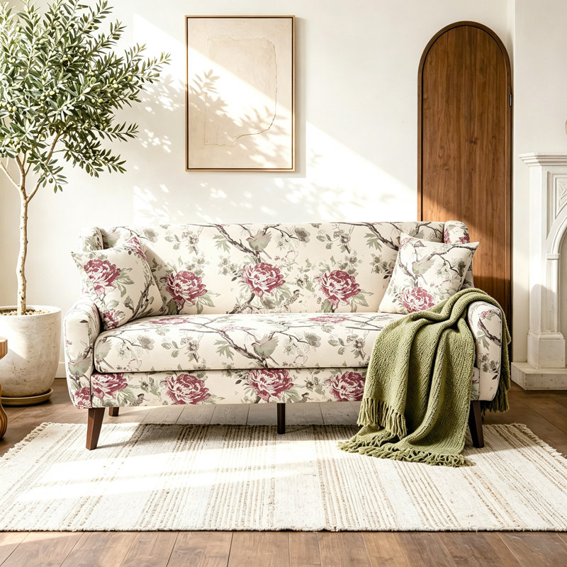 Causeuse à accoudoirs carrés capitonnés en mélange de lin Davey, PATTERN FLORAL Linen Blend