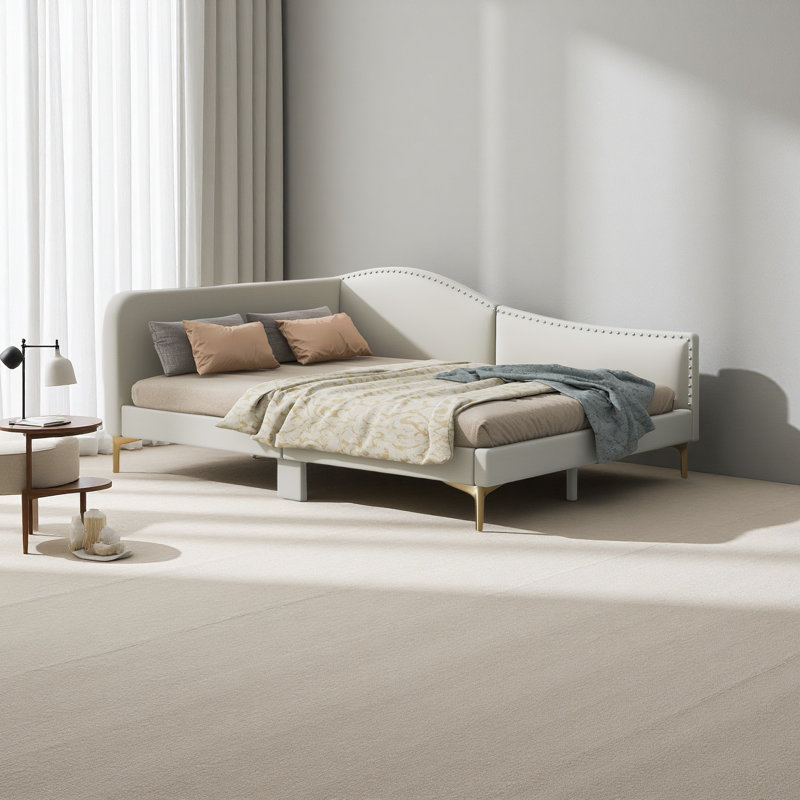 Upholstered Daybed With Headboard And Armrest, Beige,  Full/Double