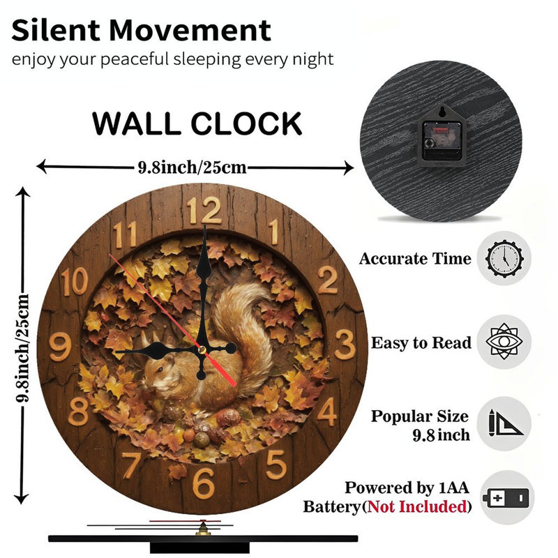 Horloge avec écureuil et feuilles d'automne