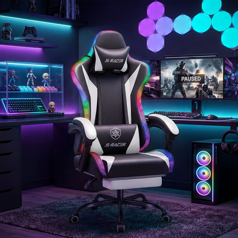 Ergonomic PC & Racing Game Chair with LED Lights & Massage Lumbar Pillow Adjustable Reclining Gaming Chair with Footrest