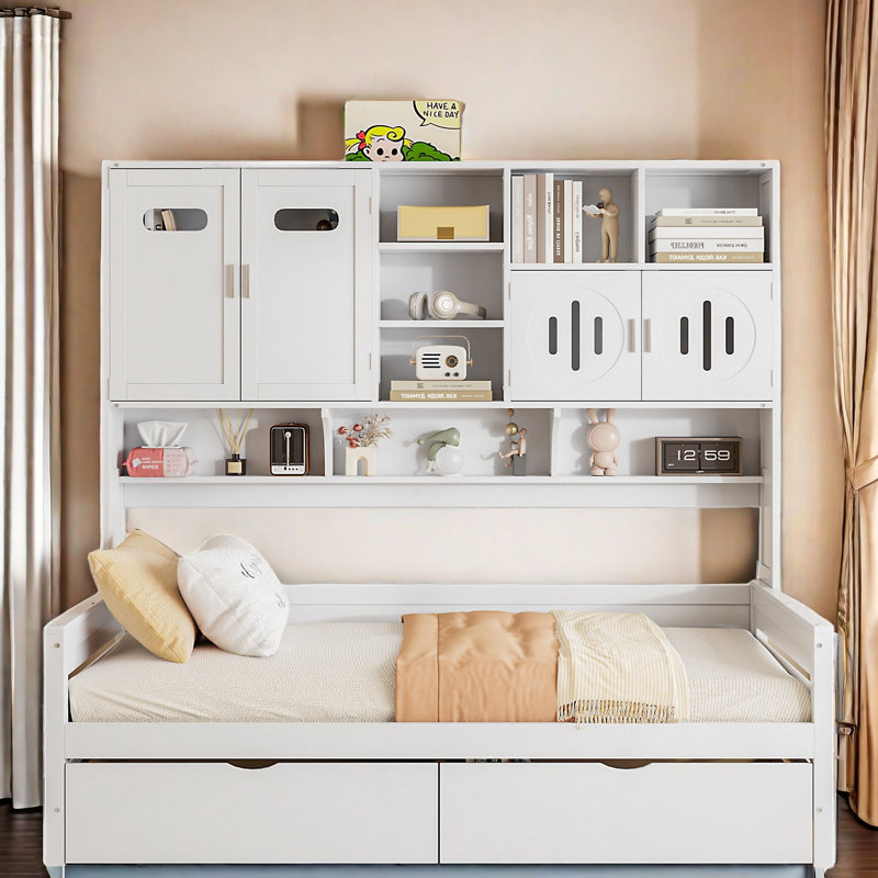 Bellinger All-in-One Wooden Daybed With 2 Drawers, Cabinets and Shelves, Twin, White