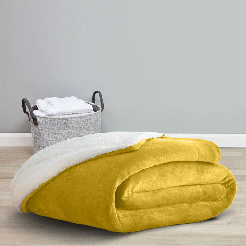 Reversible Soft Sherpa Fleece Fur Thick Dual Sided Blanket Throw, 200cm x 240cm, Yellow