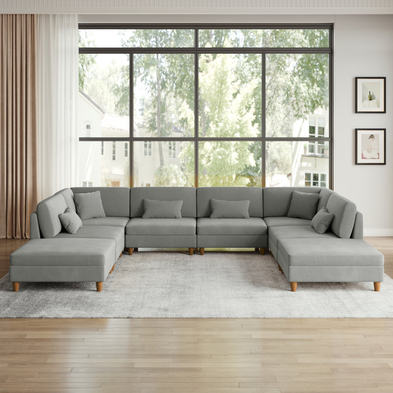 Seemab 8 - Piece Upholstered Corduroy Modular Sectional with Pillow Back and Removable Ottoman, Light Gray