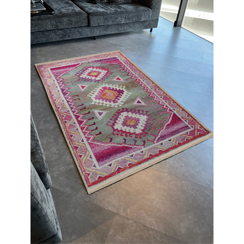 Tapis décoratif à motif frangé à motifs traditionnels en osier gris et rose, Tapis de couloir 3 pi 3,37 po x 9 pi 10,11 po