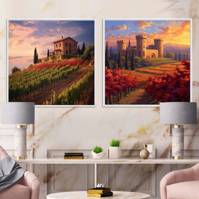 Magnifique château au coucher du soleil dans un vignoble italien - ensemble de 2 carrés de style campagnard