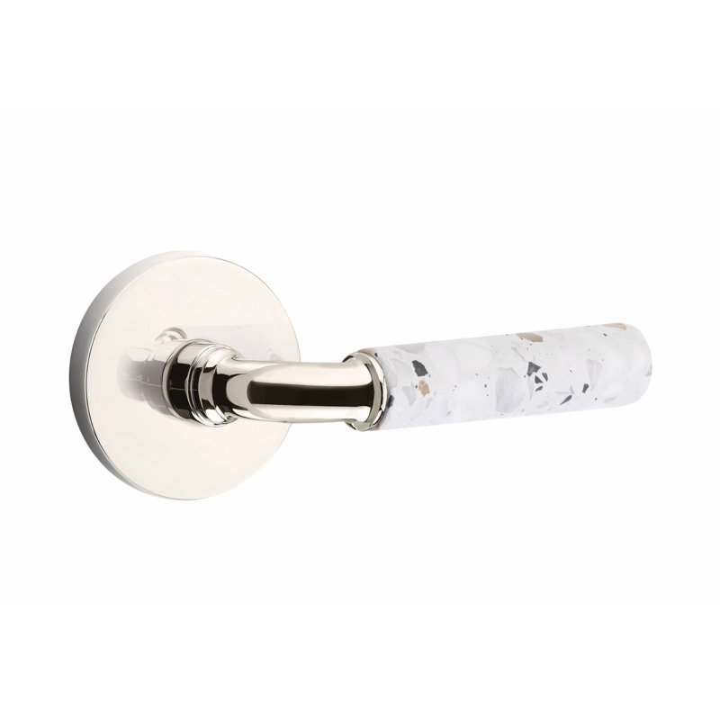 Select Round Privacy (Bed & Bath) Door Lever with Round Rosette, Right, Polished Nickel/Light Terrazzo