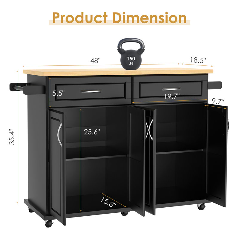 Llaneli Kitchen Island, Rolling Kitchen Cart with Storage Drawers, Black