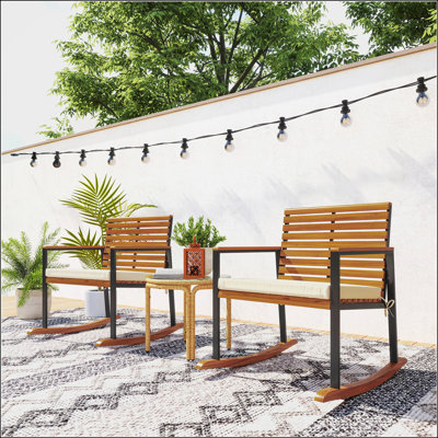 Outsunny Acacia Wood Outdoor Rocking Chair Set of 2 with Armrests and Cream White Cushions for Patio Relaxation