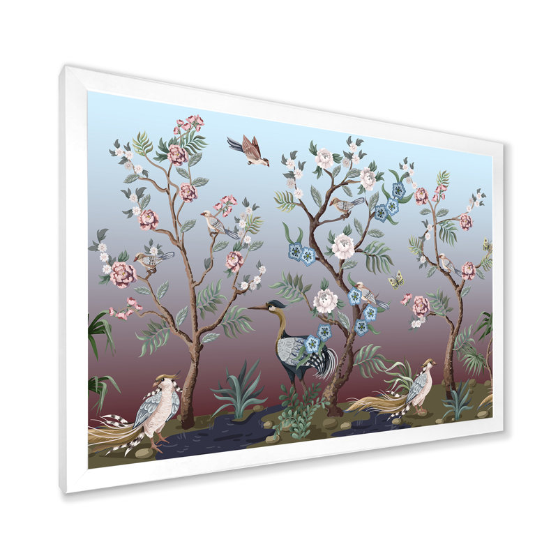 Chinoiserie avec oiseaux et pivoines - peinture sur toile, H 16 po x l 32 po x p 1 po, Cadre photo blanc