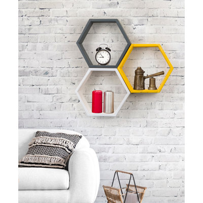 3 Piece Hexagon Solid Wood Floating Shelf