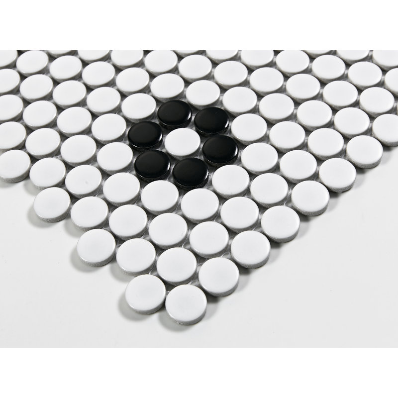 Carreau de mosaïque rond 0,8 po, White with Black Flower