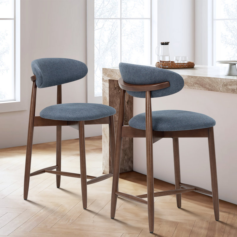 Modern Bar Stool with Breathable Fabric & Solid Wood Frame, Curved Backrest for Comfort, Blue