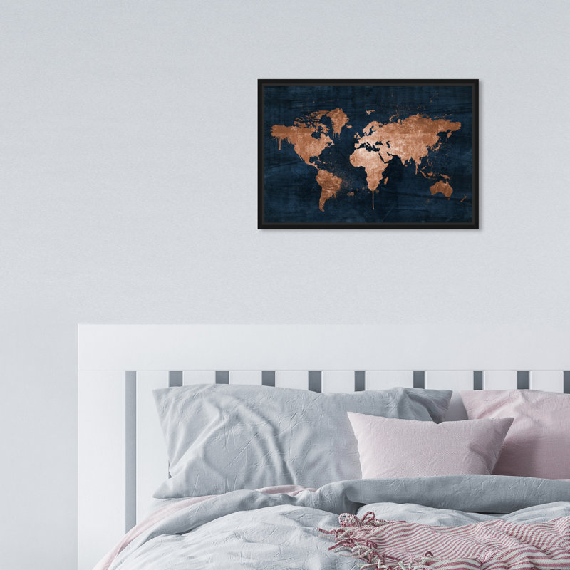 Mapamundi - carte du monde moderne, Toile avec cadre noir, H 10 po x l 15 po x P 1,75 po