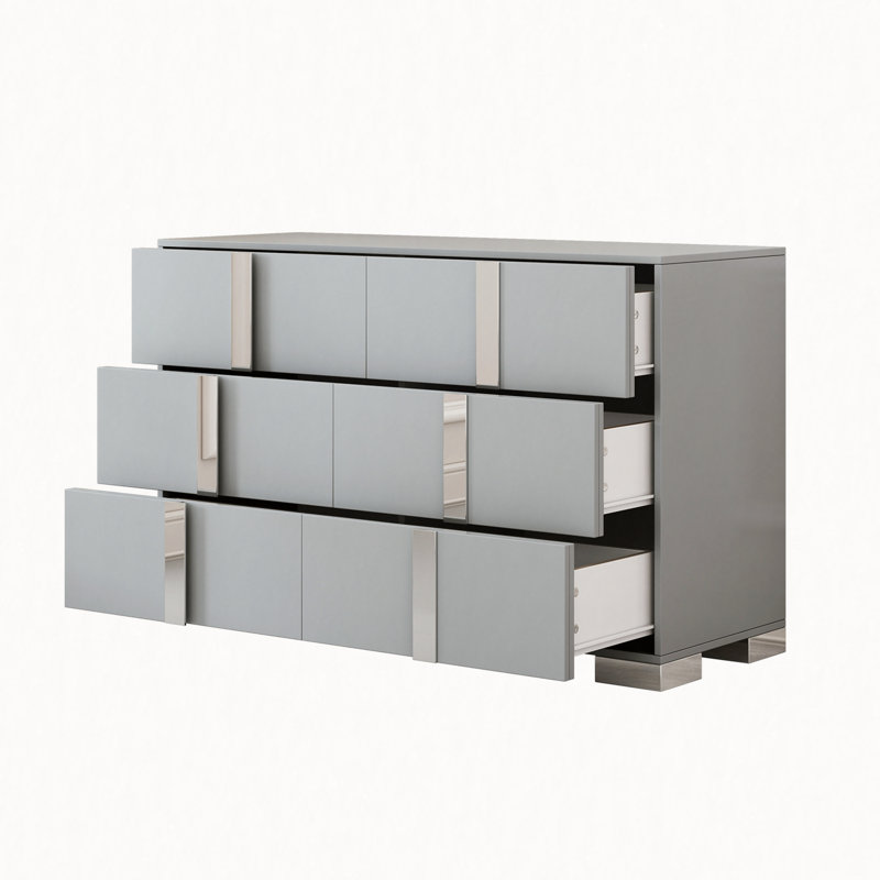 Elegant Modern Dresser With Metal Foot,Mirrored Storage Cabinet With 6 Drawers For Bedroom,Living Room, Light Gray